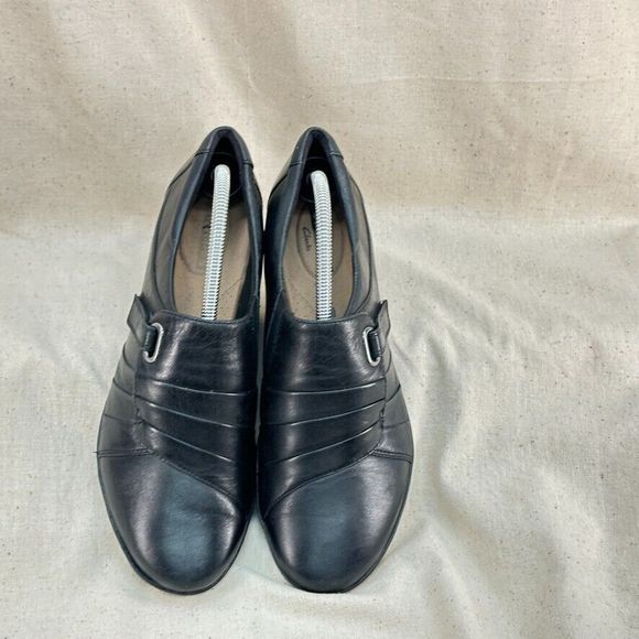 Clarks Collection Women 10 Black Leather Everlay Coda Slipon Casual Loafer Strap - Picture 3 of 8
